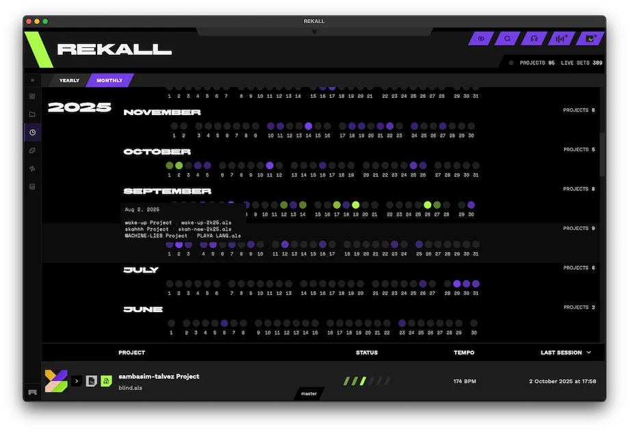 REKALL's monthly timeline, showing each Live set that was edited day by day