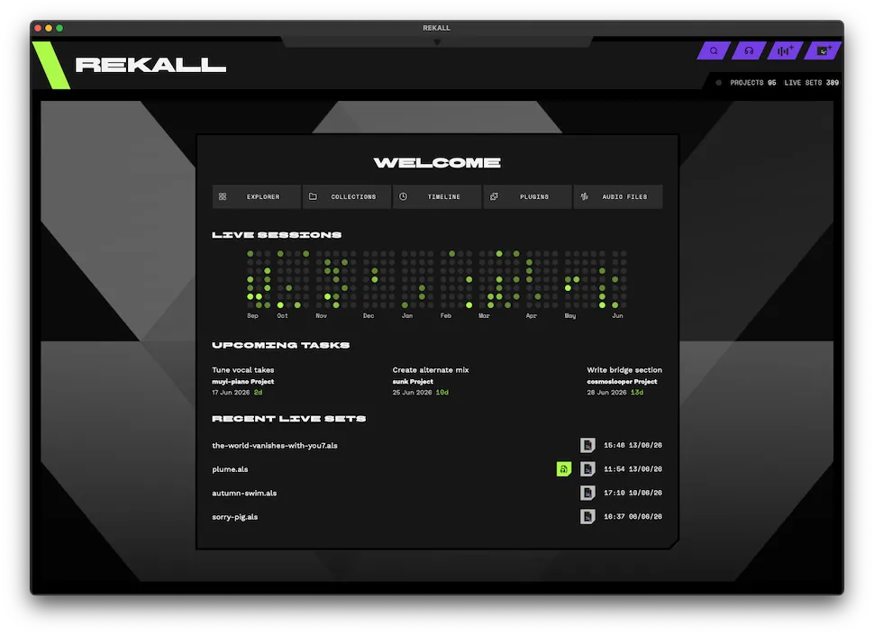 REKALL's home screen with recently opened Live sets, upcoming tasks and recent activity