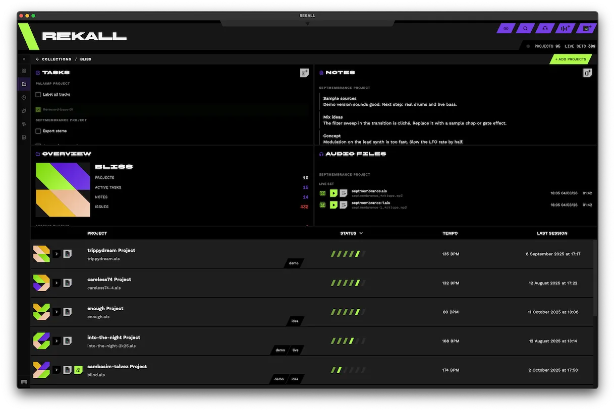 A REKALL collection showing the tasks, notes, audio files and missing plugins across a whole release