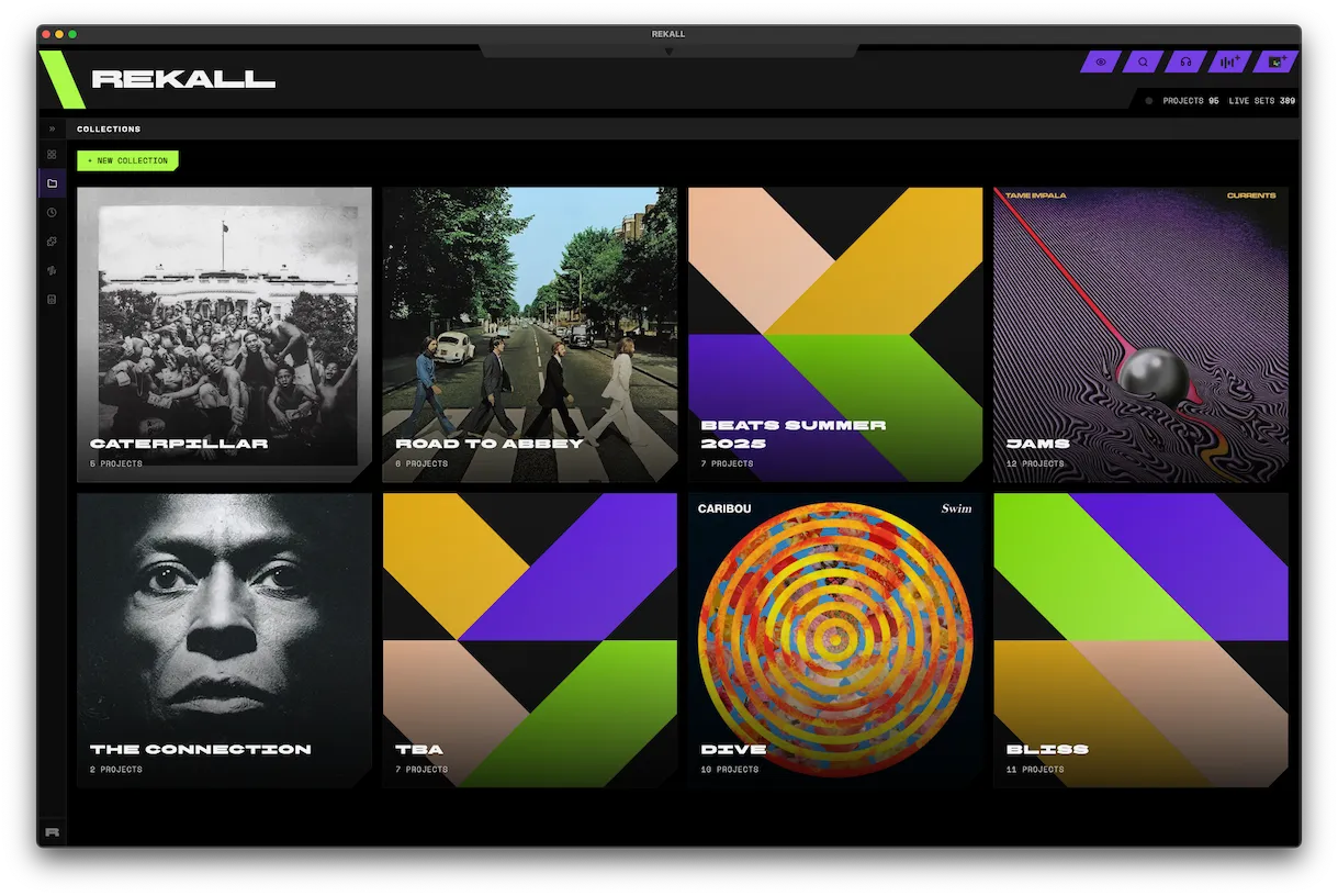 REKALL's Collections view with Ableton Live projects grouped into EPs, albums and singles
