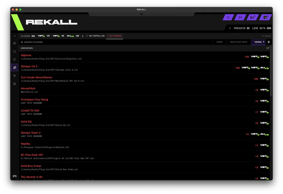 REKALL flagging plugins that are no longer installed, with the Live sets that still depend on them