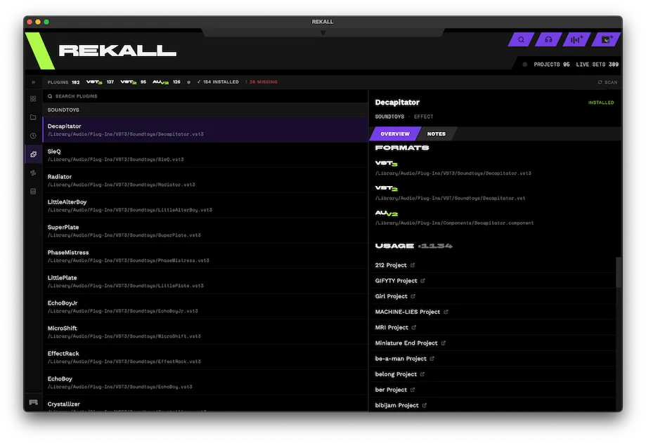 REKALL's plugin inventory listing every plugin used across the Ableton Live library, sorted by usage