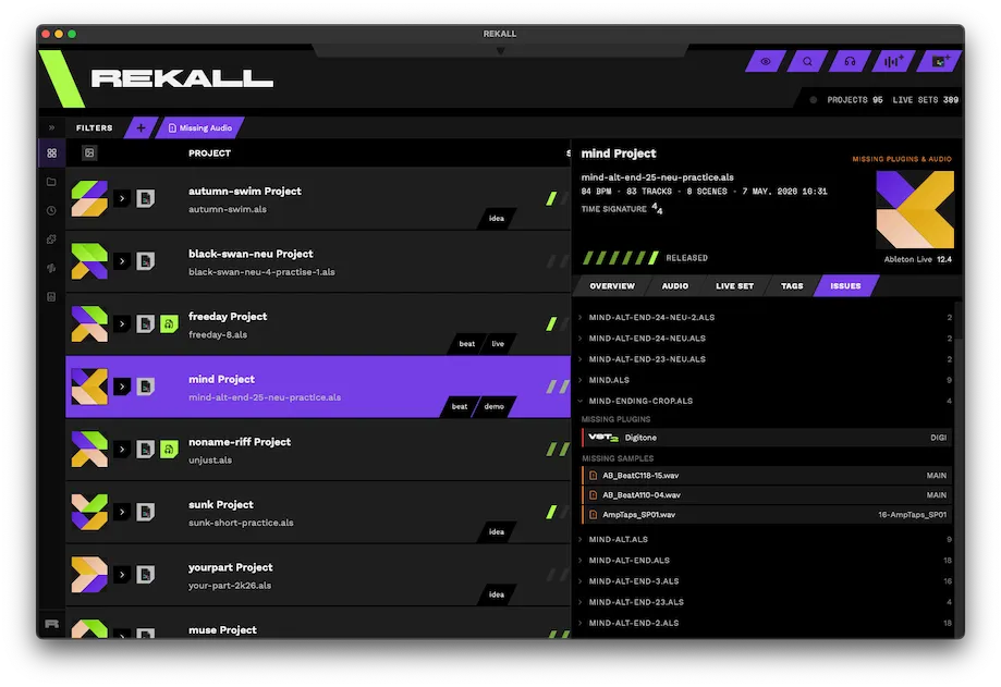 A REKALL project page listing the missing plugins and missing audio samples for a single Ableton Live set