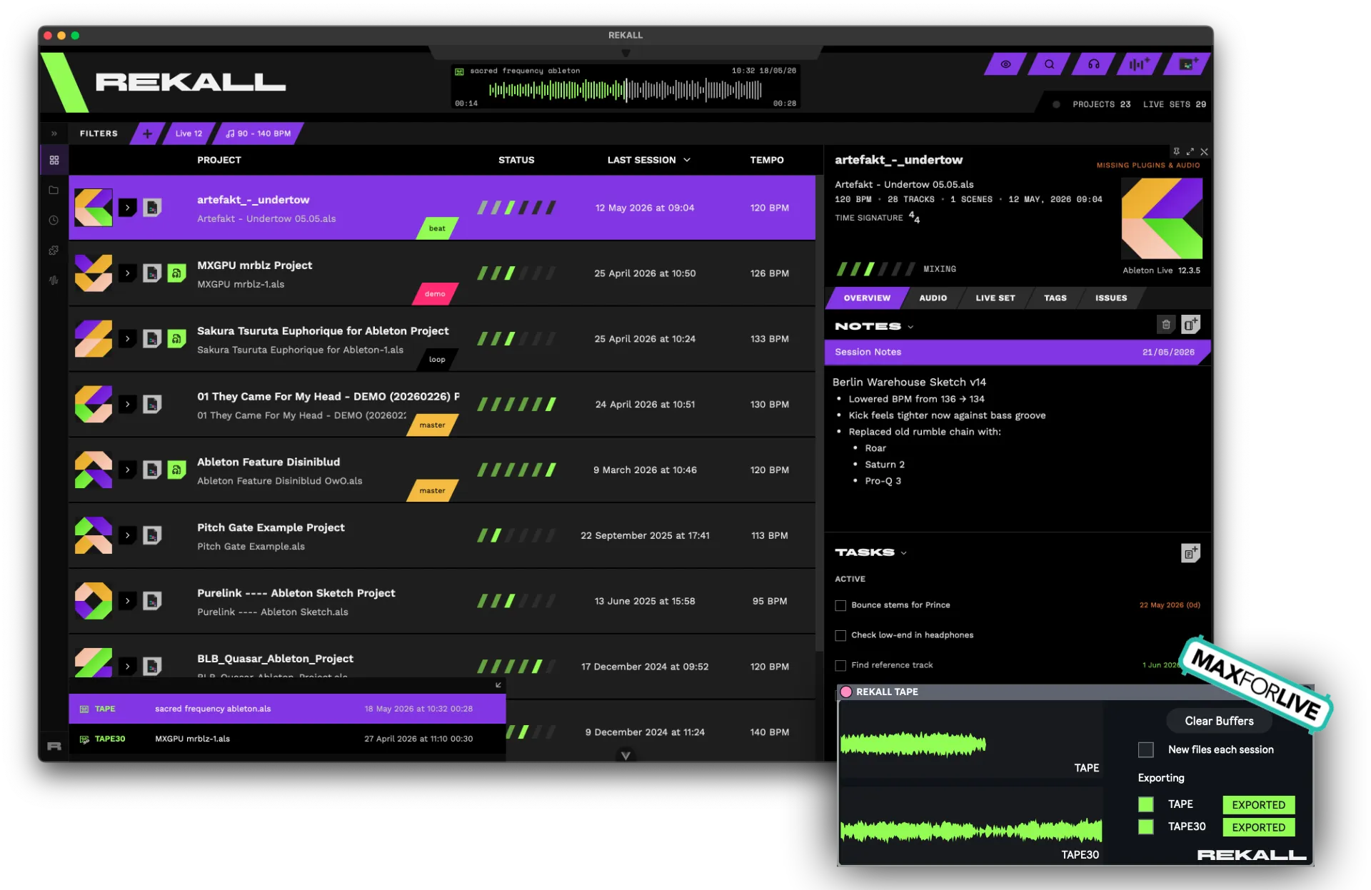 The REKALL project explorer beside the Tape Recorder Max for Live device, listing Ableton Live sets with tempo, key and tags
