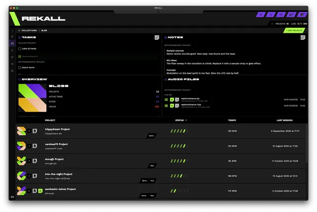 A REKALL collection showing the tasks, notes, audio files and missing plugins across a whole release